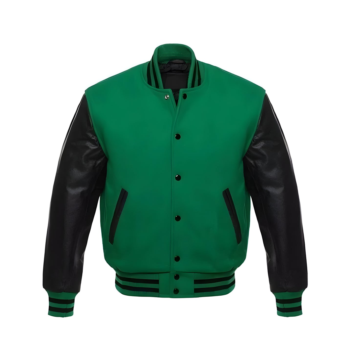 A green varsity jacket with black leather sleeves on a gray background