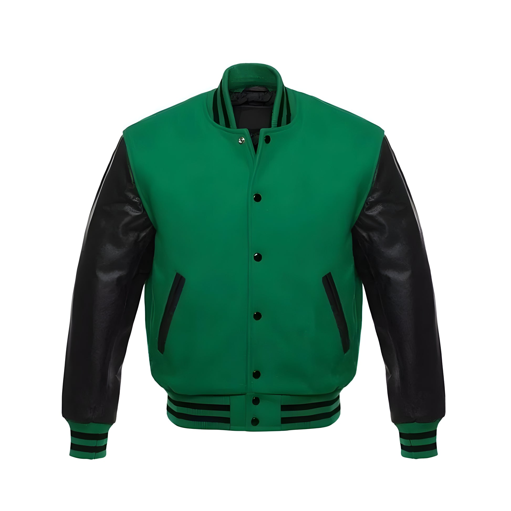 A green varsity jacket with black leather sleeves on a gray background
