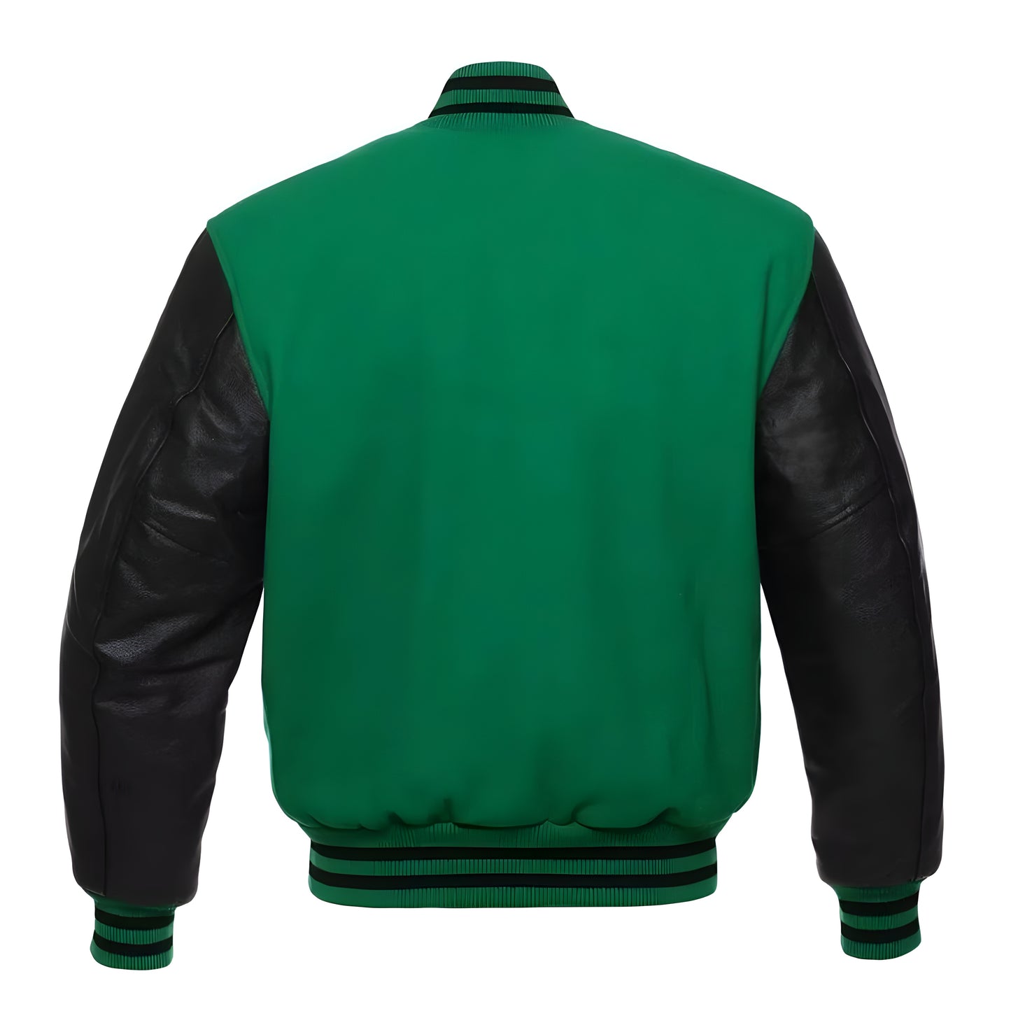 A green varsity jacket with black leather sleeves on a gray background