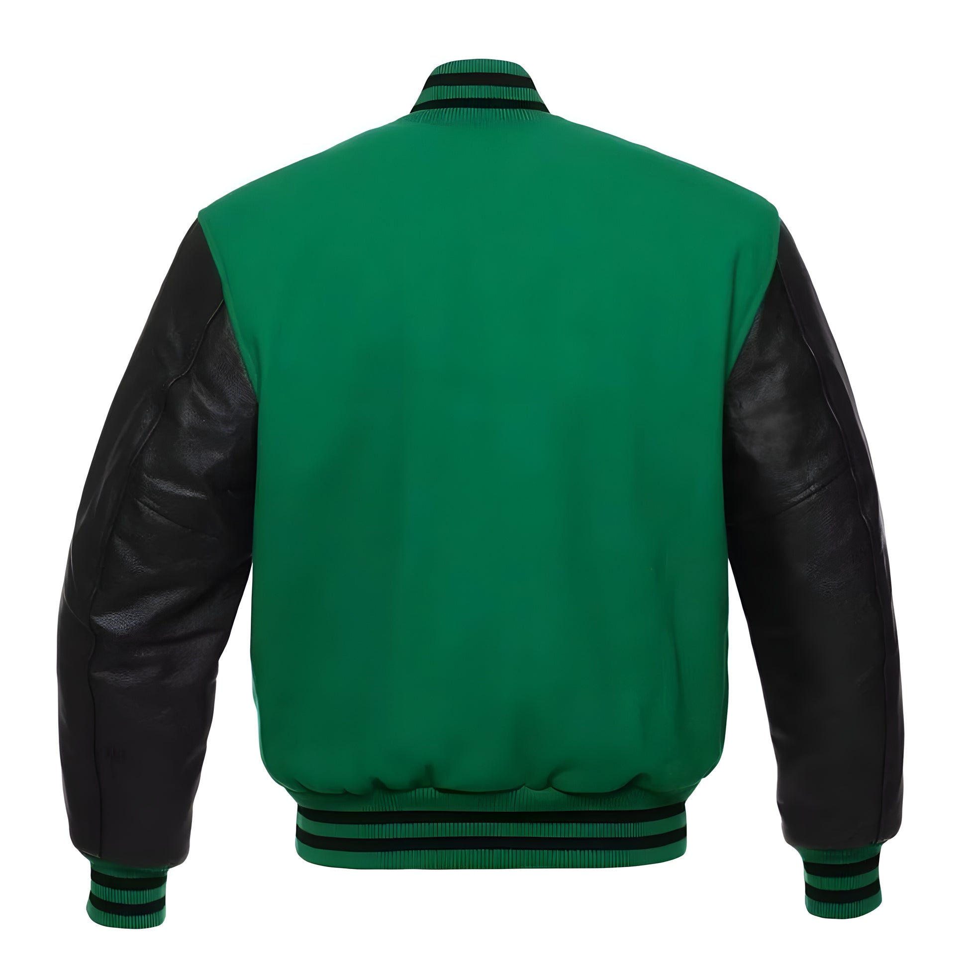 A green varsity jacket with black leather sleeves on a gray background