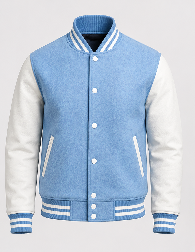 Sky Blue and white varsity jacket on a light gray background