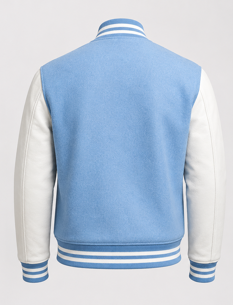 Sky Blue varsity jacket with white sleeves on a light gray background