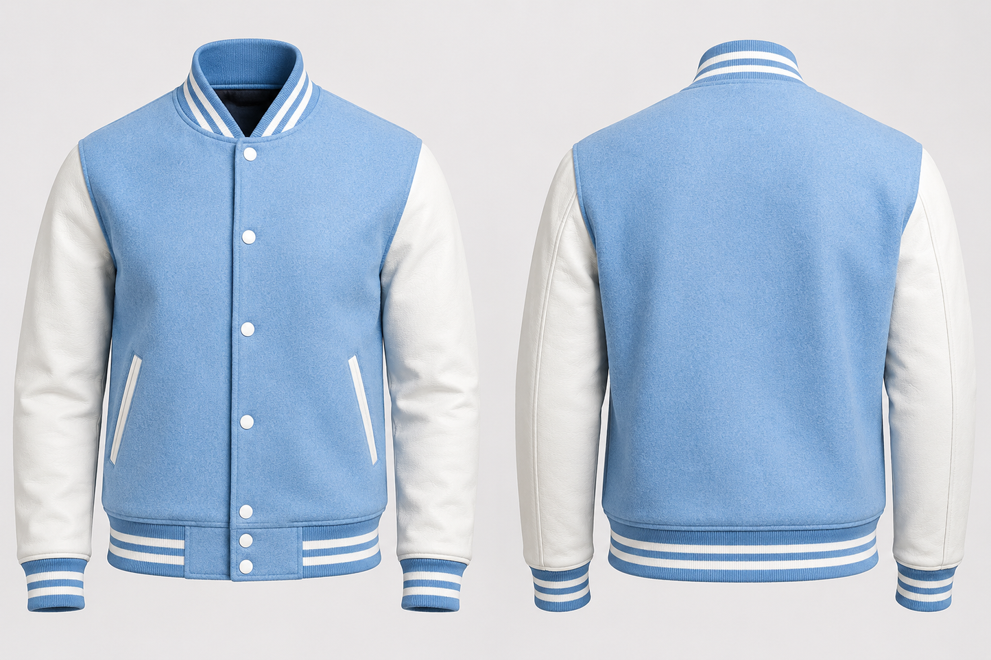 Sky Blue and white varsity jacket shown from front and back on a light gray background