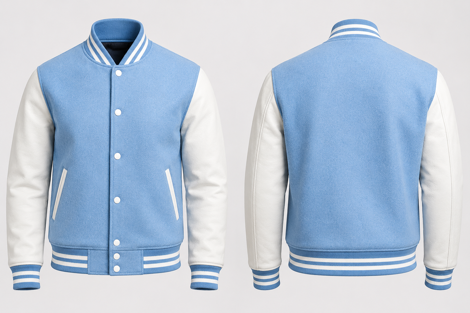 Sky Blue and white varsity jacket shown from front and back on a light gray background