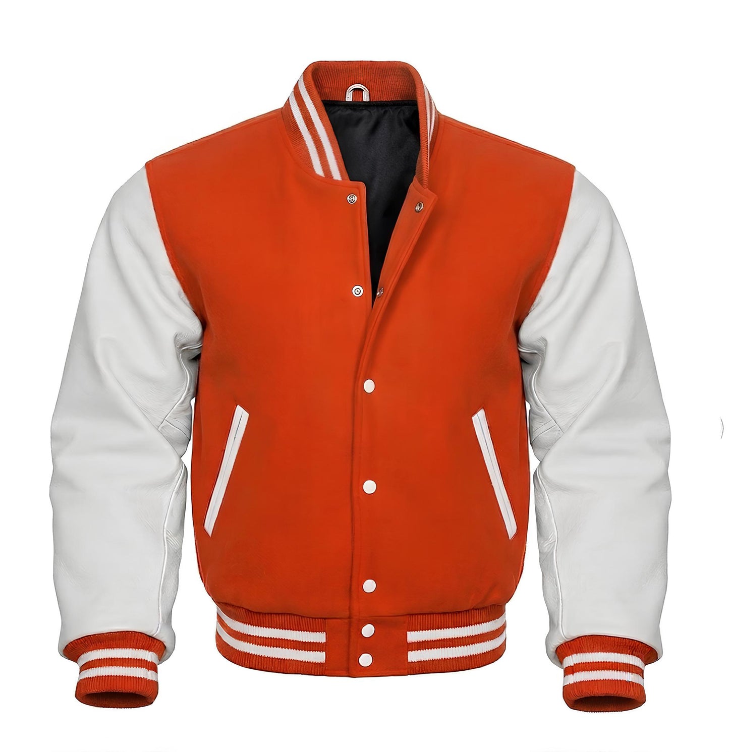 Orange and white varsity jacket on a white background