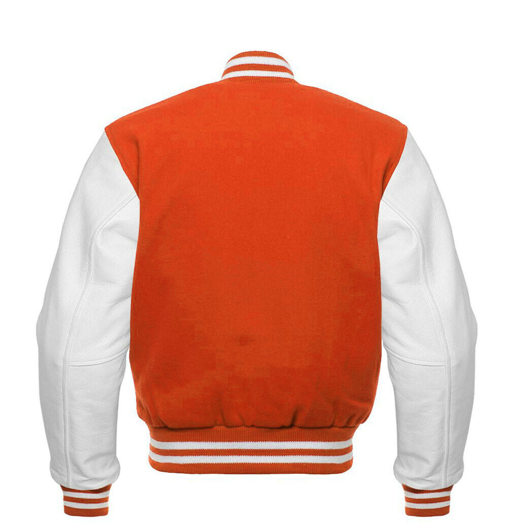 Orange and white varsity jacket on a white background