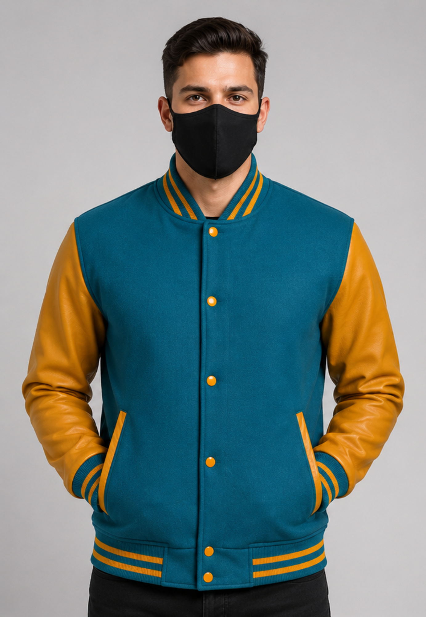 Man wearing a teal and golden varsity jacket with a black mask on a gray background