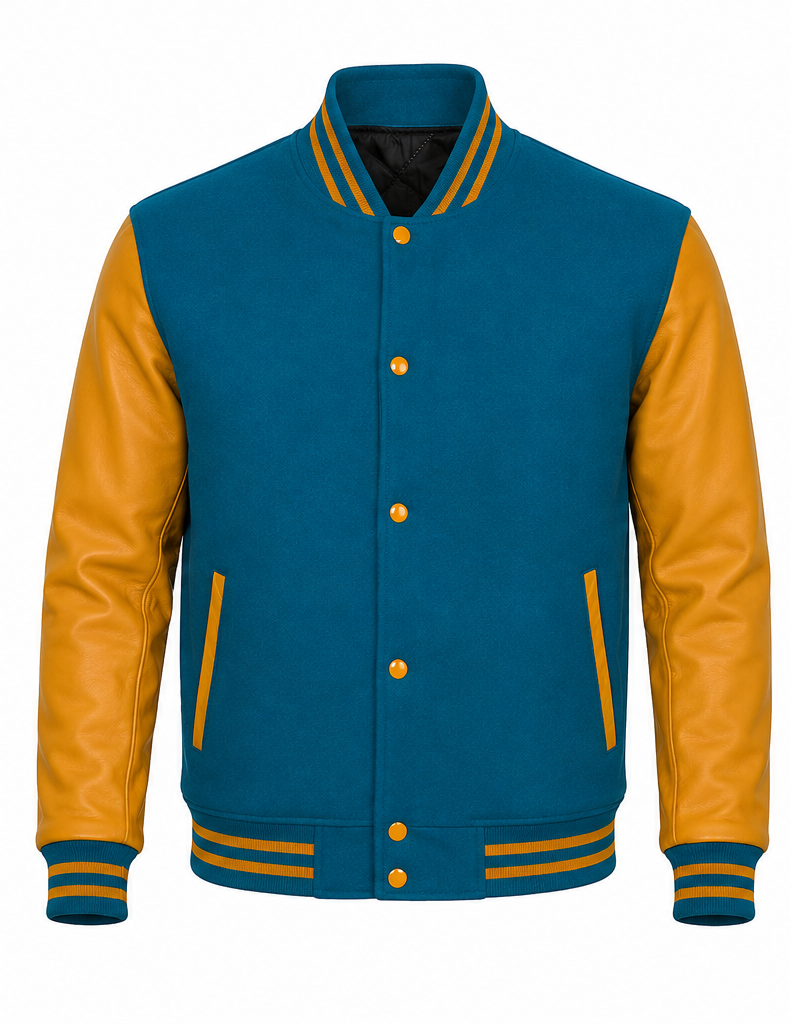 Teal and golden varsity jacket with leather sleeves on a white background