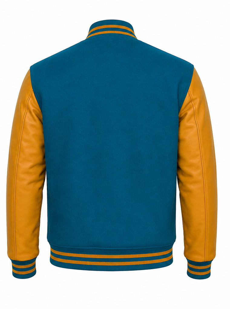 Teal and Golden varsity jacket with leather sleeves on a white background