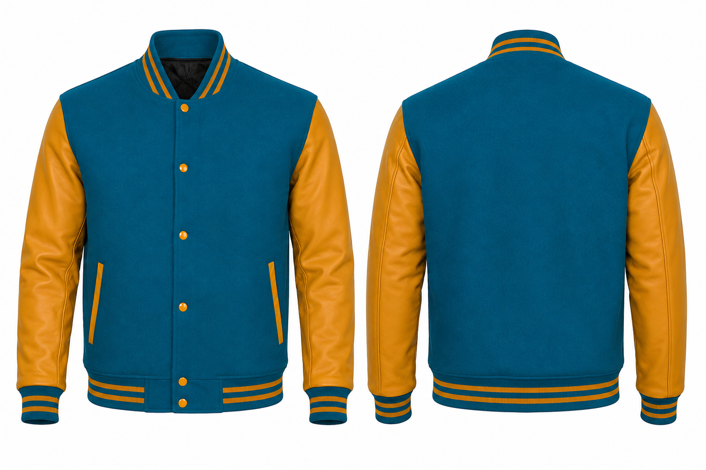 Teal and Golden varsity jacket shown from front and back on a white background