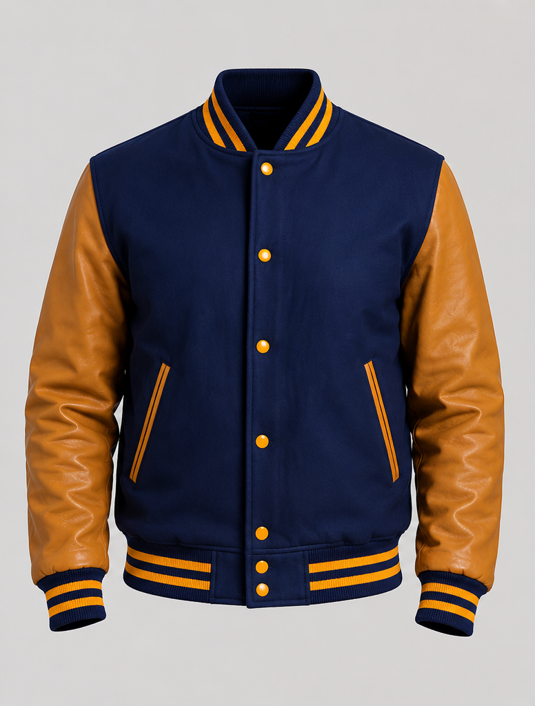 Navy blue varsity jacket with golden leather sleeves on a gray background