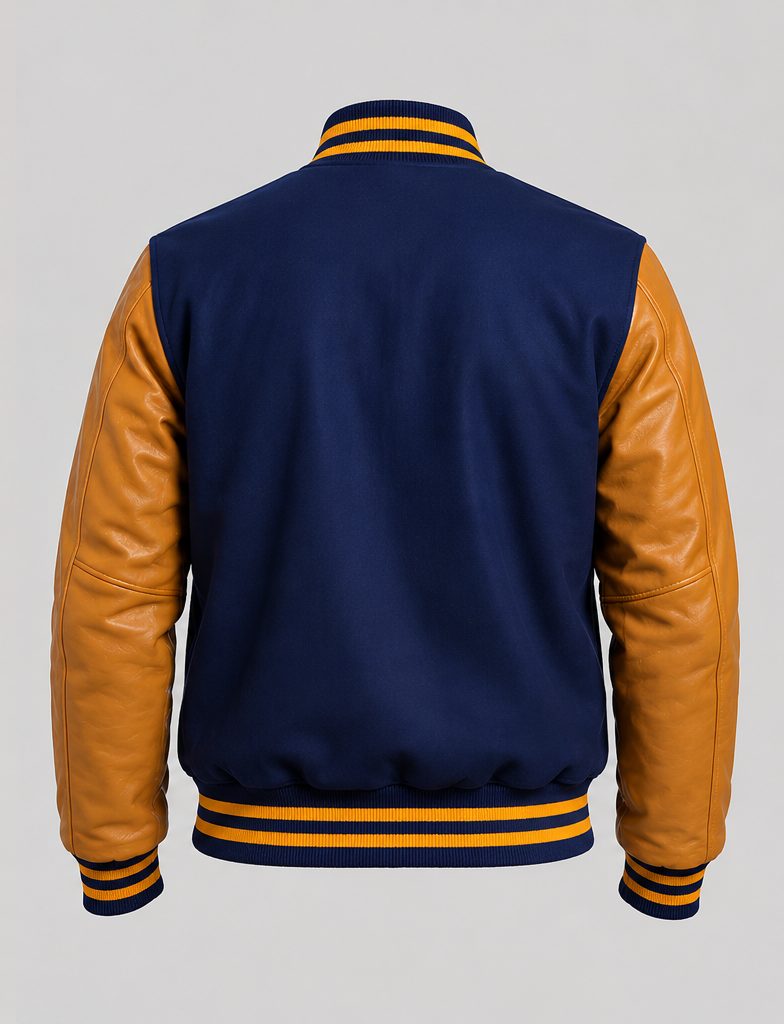 Navy blue varsity jacket with golden leather sleeves on a gray background