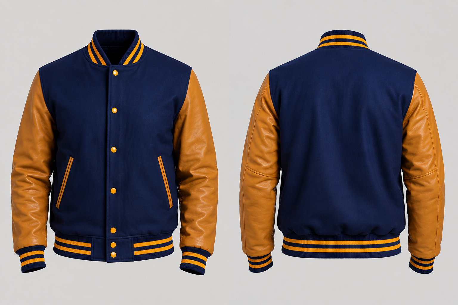 Navy blue varsity jacket with golden leather sleeves on a light gray background