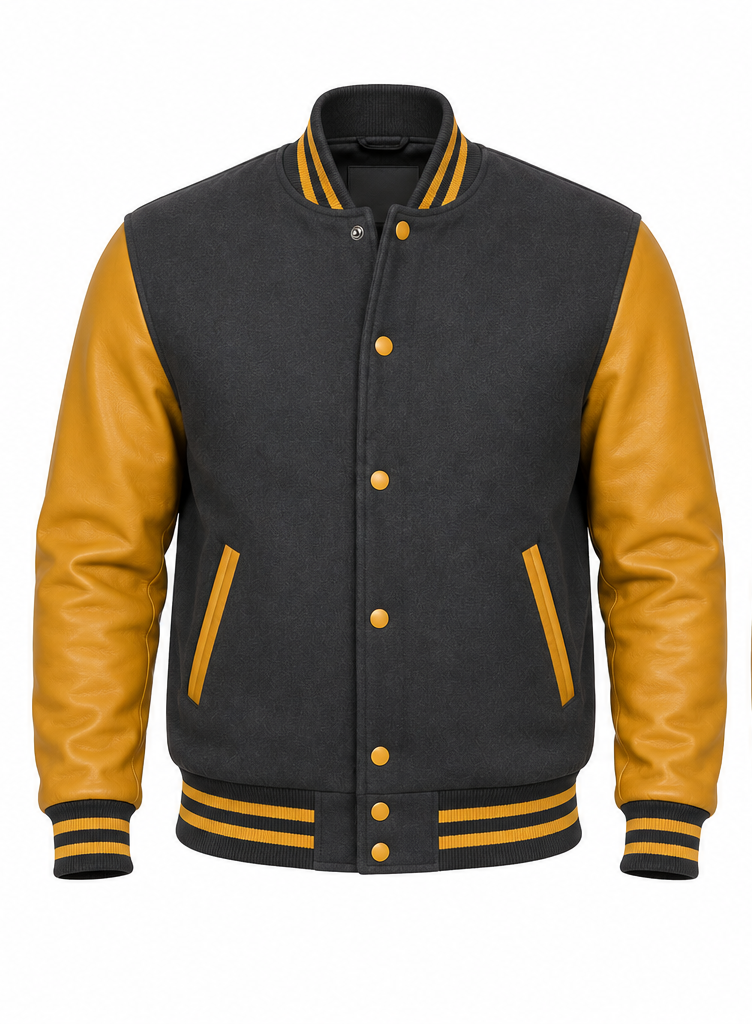 Grey and golden varsity jacket with leather sleeves on a white background