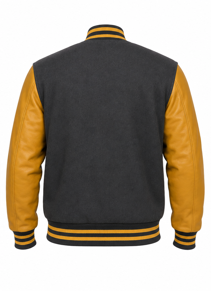 Grey varsity jacket with Golden sleeves on a white background
