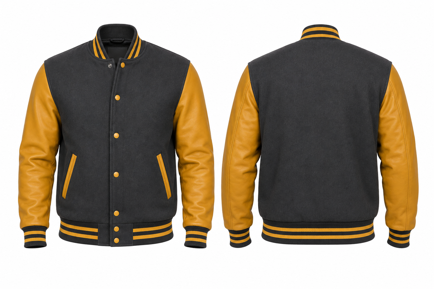 Grey and Golden varsity jacket shown from front and back on a white background