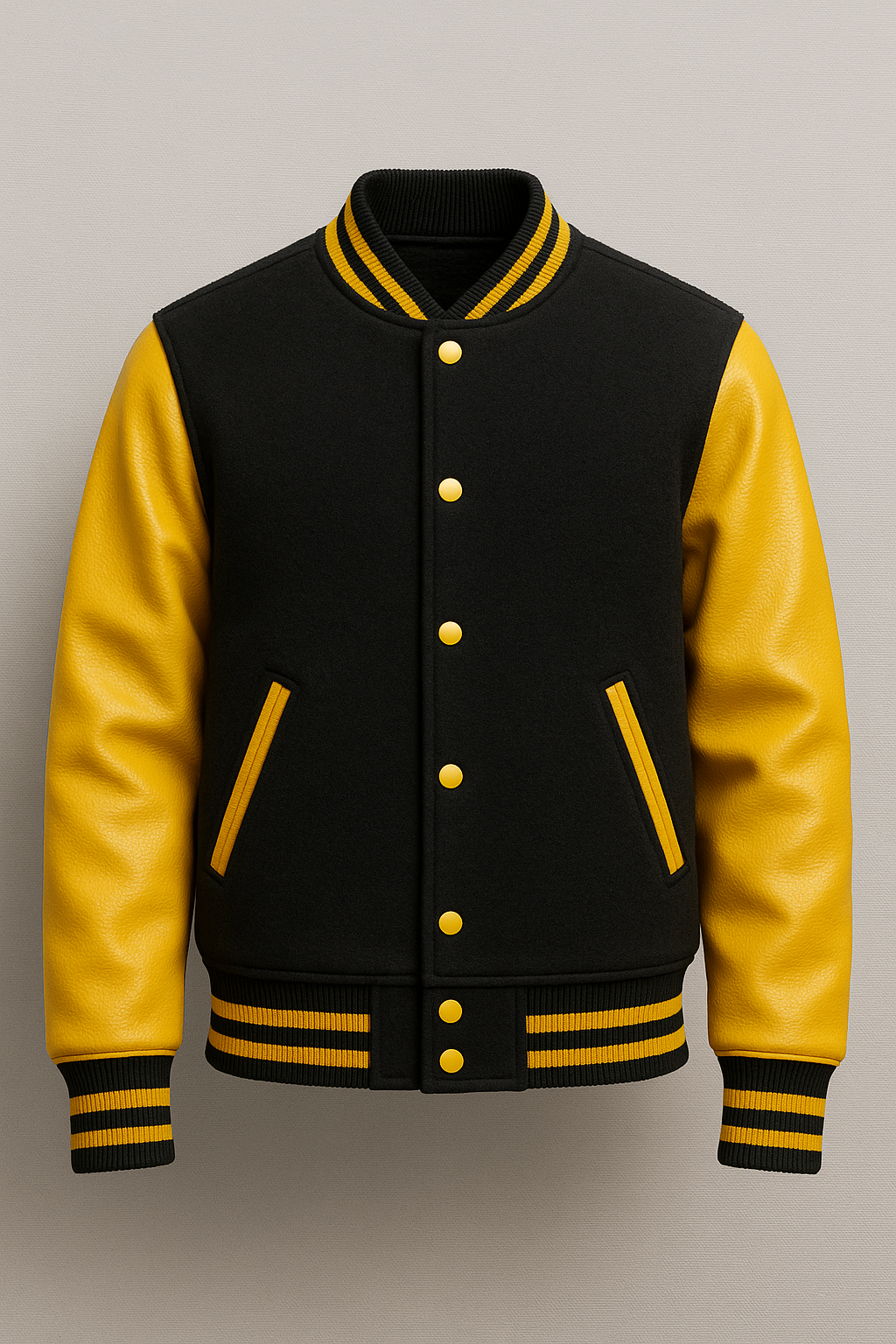 Black and yellow varsity jacket on a gray background