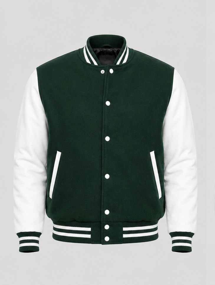 Dark Green and white varsity jacket on a light gray background