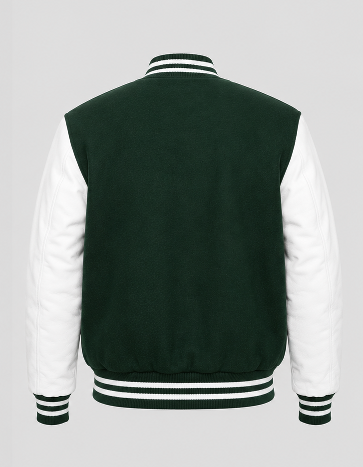Dark Green and white varsity jacket on a gray background