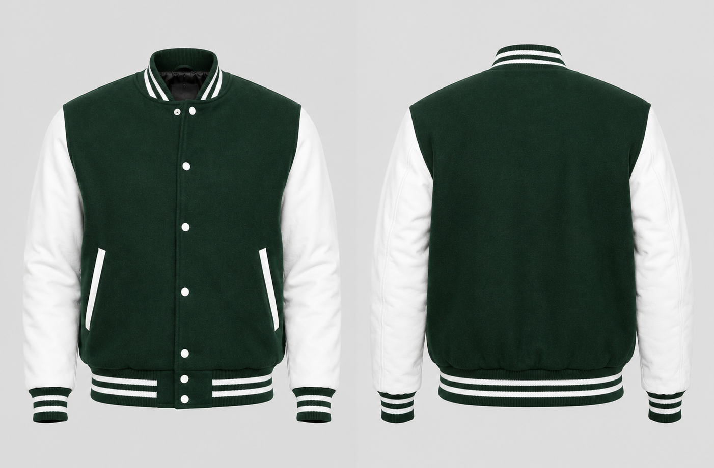 Dark Green and white varsity jacket shown from front and back on a light gray background