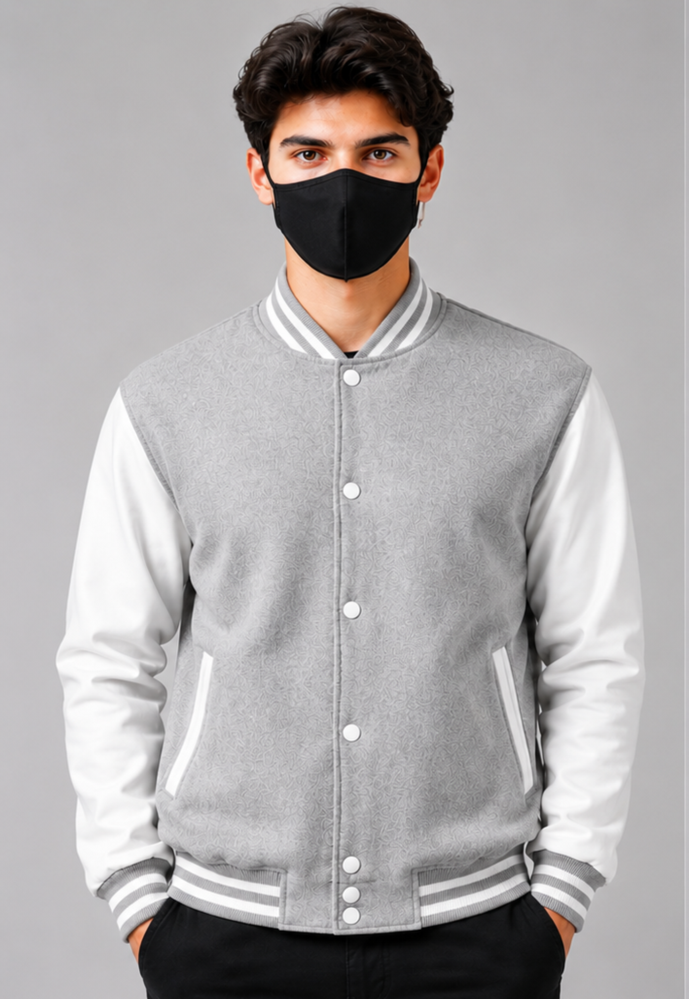 Person wearing a gray and white varsity jacket with a black face mask on a gray background