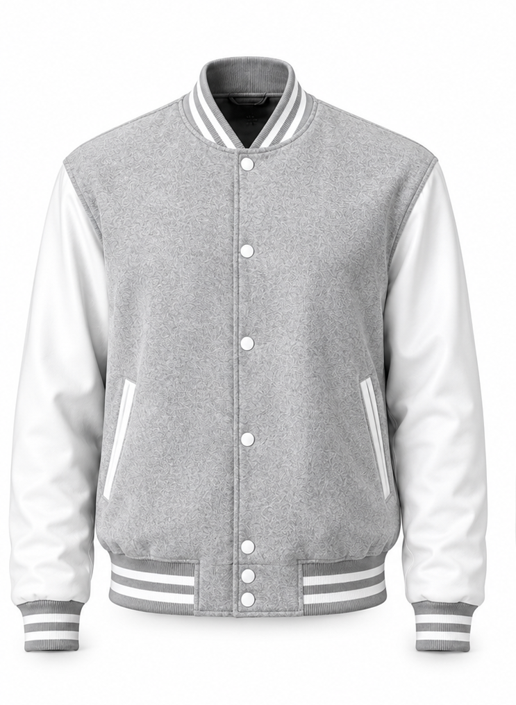 Gray varsity jacket with white sleeves on a white background