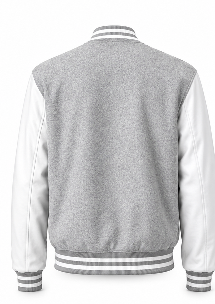 Gray varsity jacket with white sleeves on a white background
