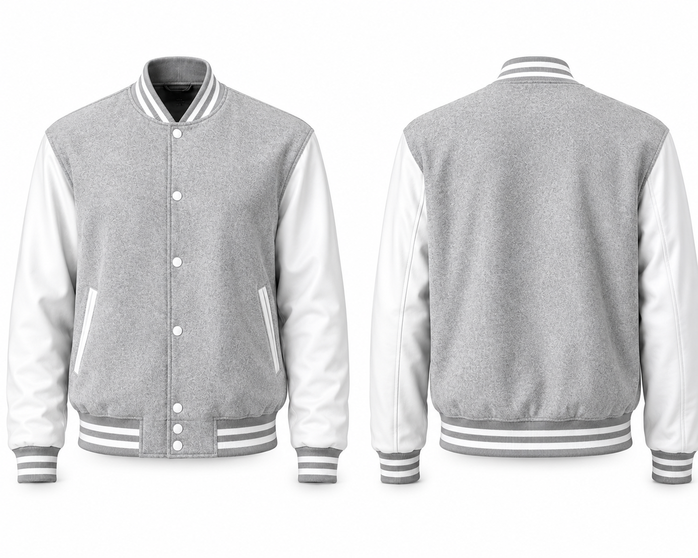 Gray and white varsity jacket shown from front and back on a white background