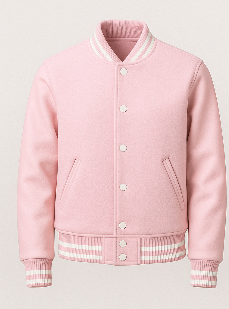 Pink varsity jacket with white accents on a light gray background