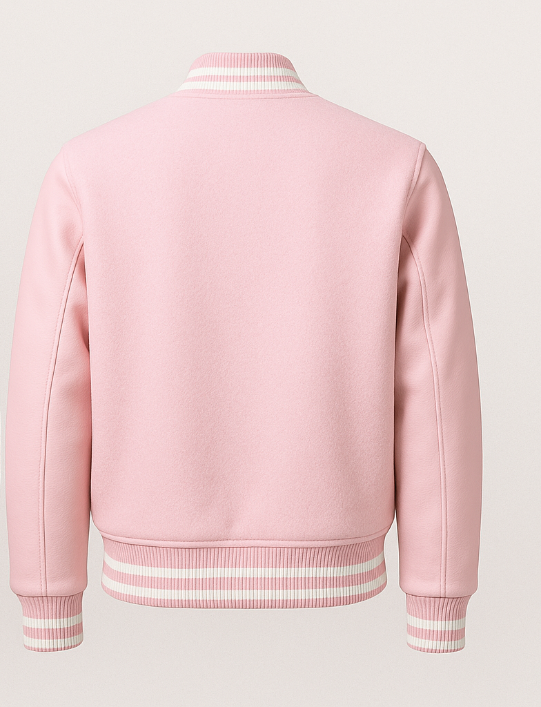 Pink varsity jacket with striped trim on a light gray background