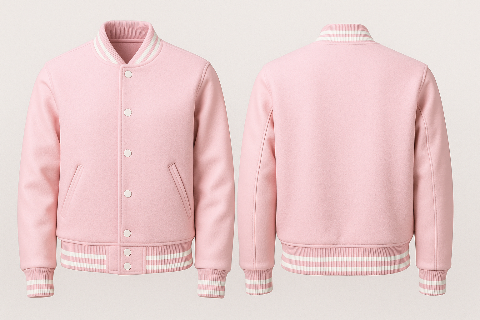 Pink varsity jacket shown from front and back on a light gray background