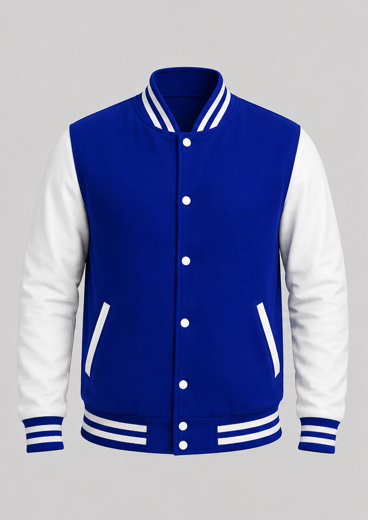 Blue and white varsity jacket on a gray background