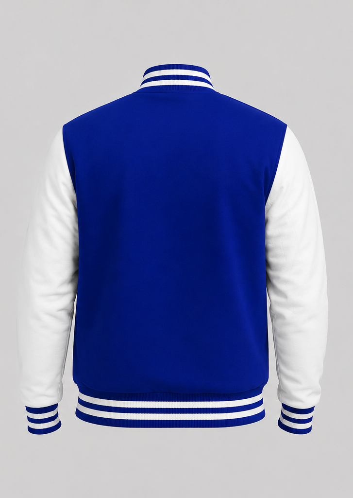 Blue and white varsity jacket on a gray background