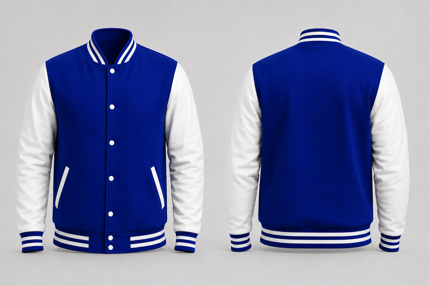 Blue and white varsity jacket shown from front and back on a gray background