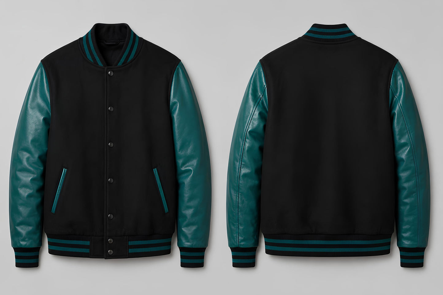 Black varsity jacket with teal sleeves on a light gray background