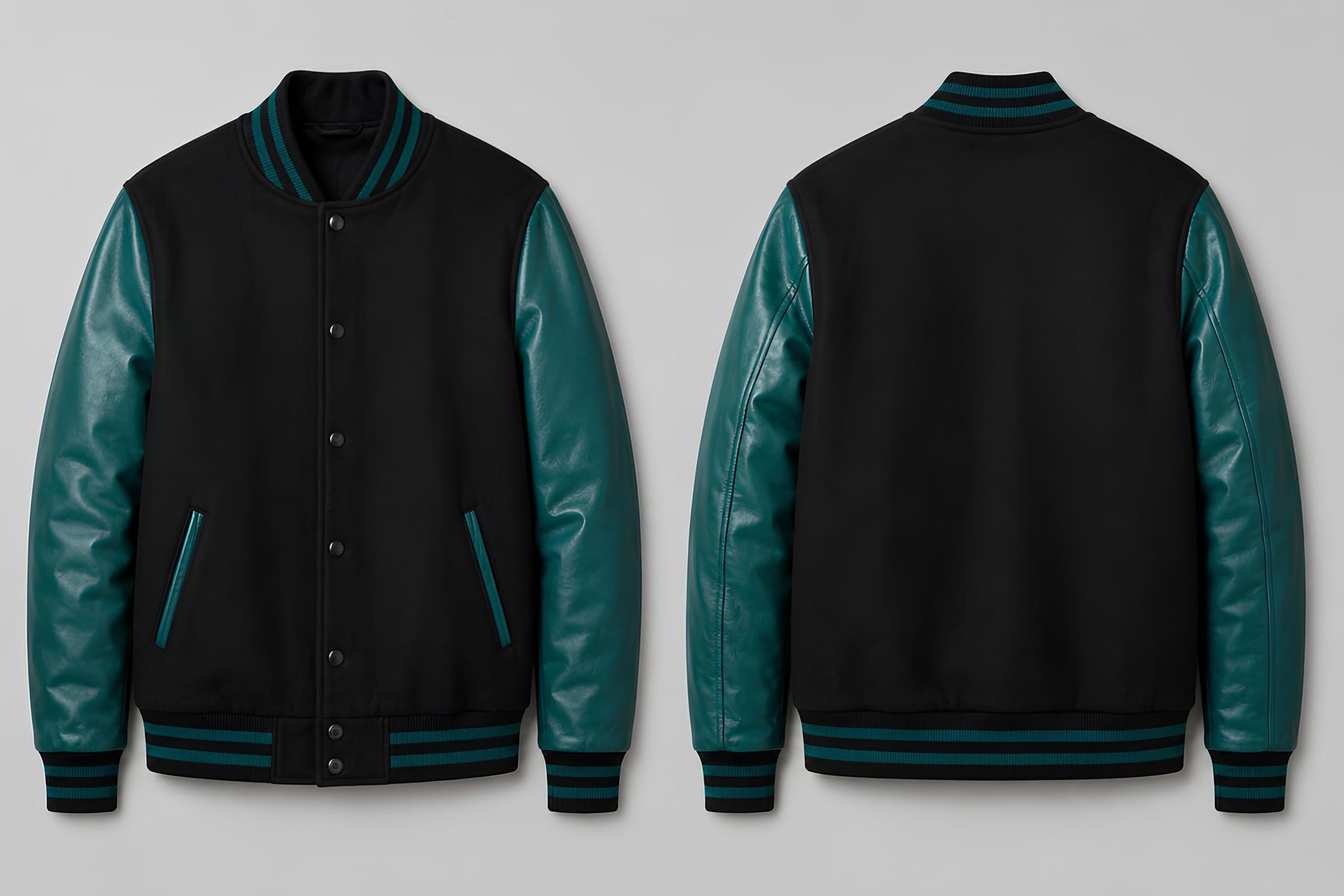 Black varsity jacket with teal sleeves on a light gray background