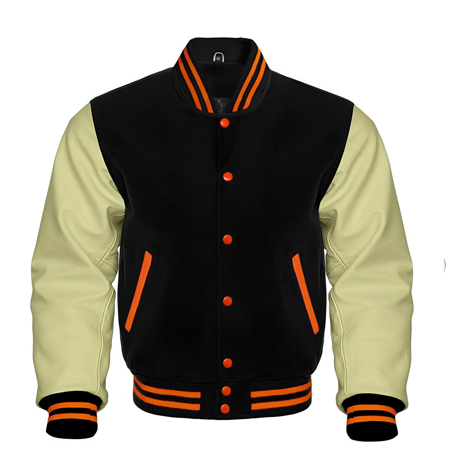 Black and cream varsity jacket with orange accents on a white background