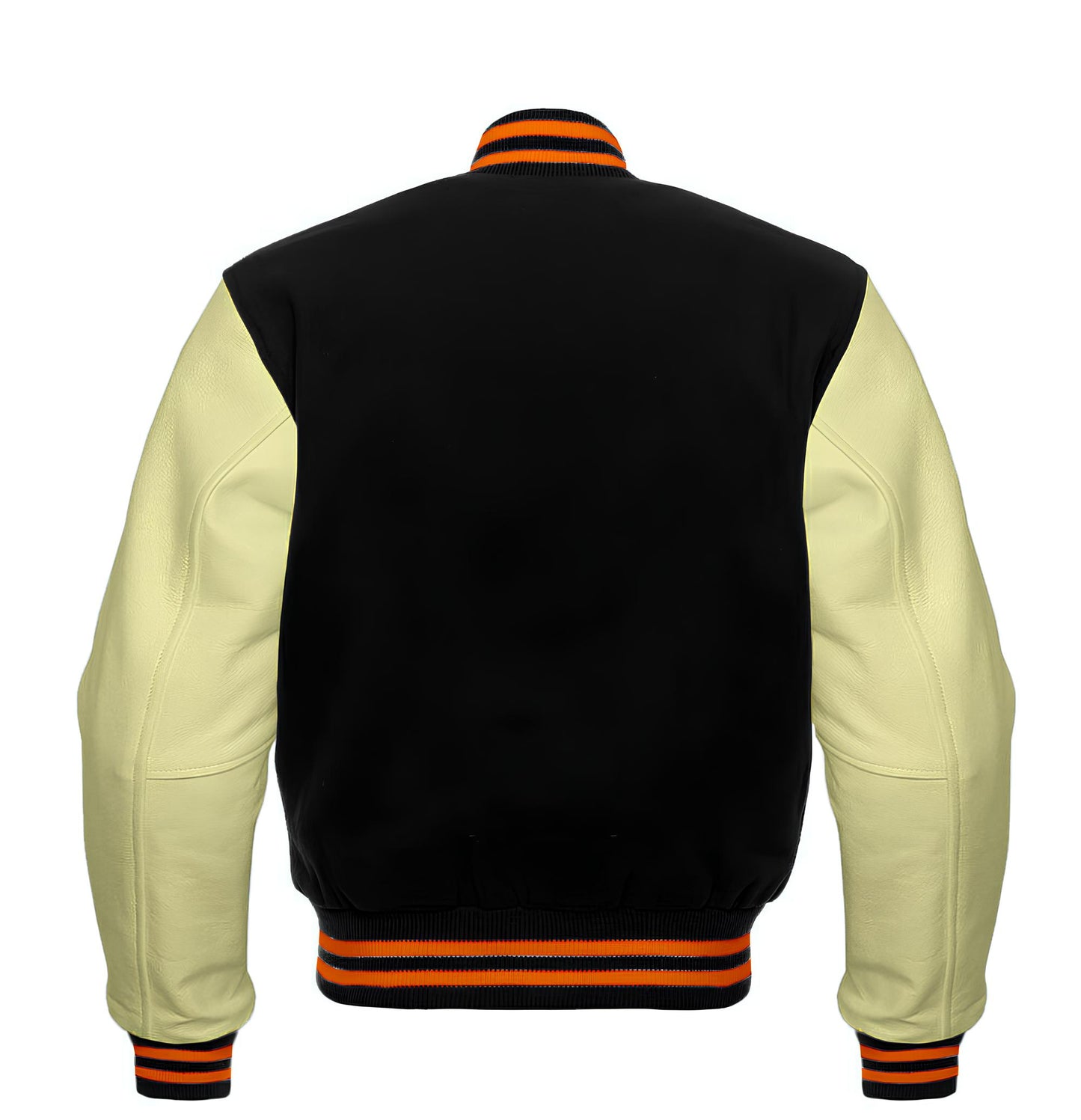Black and cream varsity jacket with orange accents on a white background