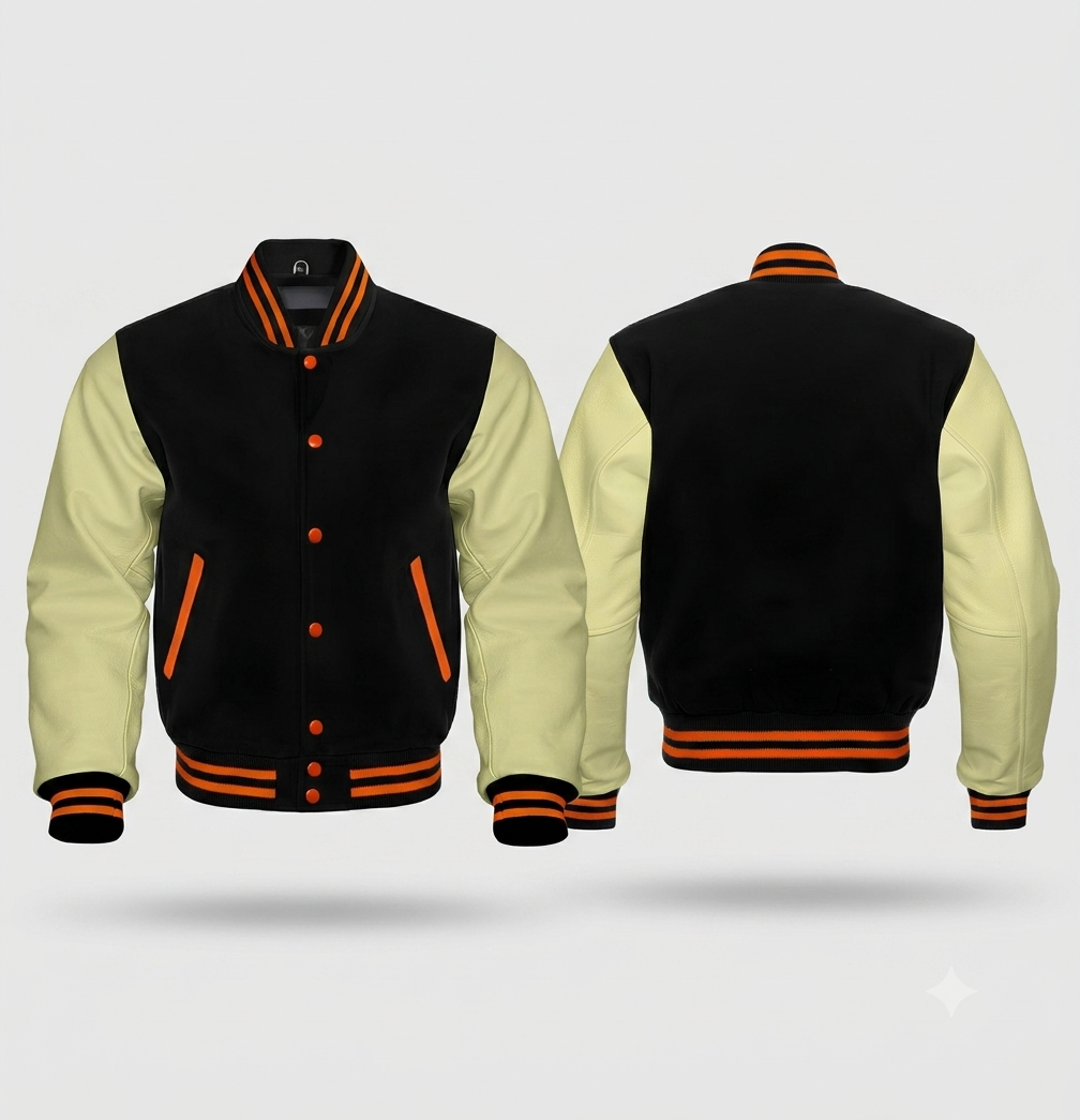 Black and cream varsity jacket with orange accents on a white background