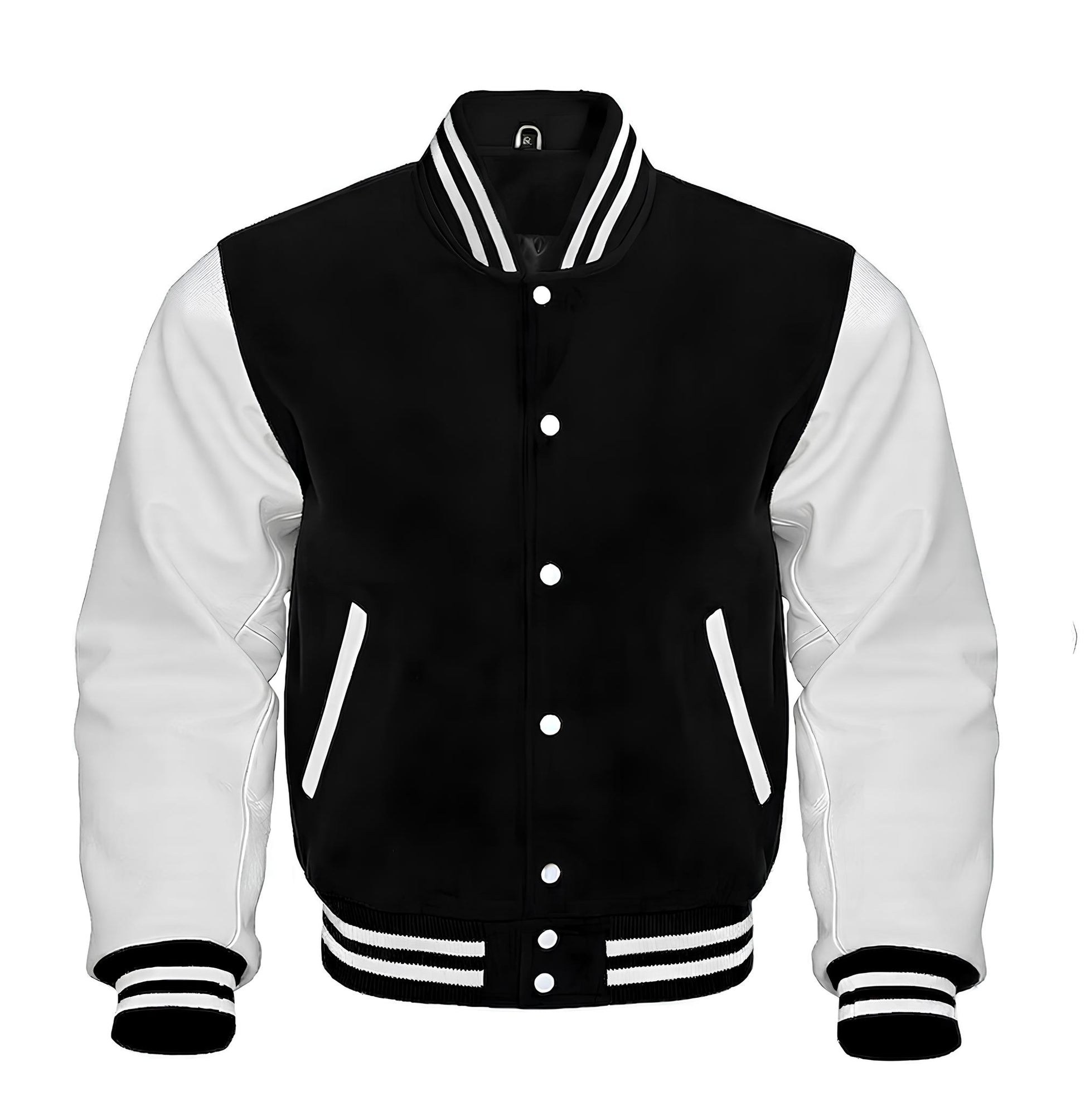 Black and white varsity jacket on a white background