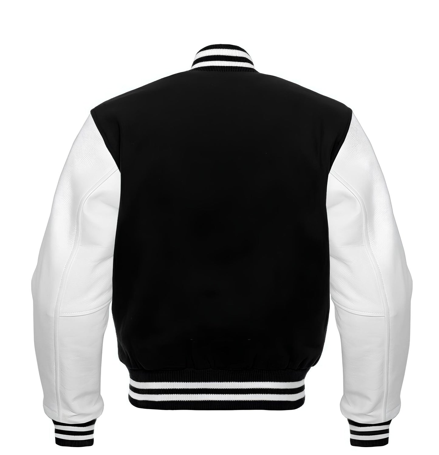 Black and white varsity jacket on a white background
