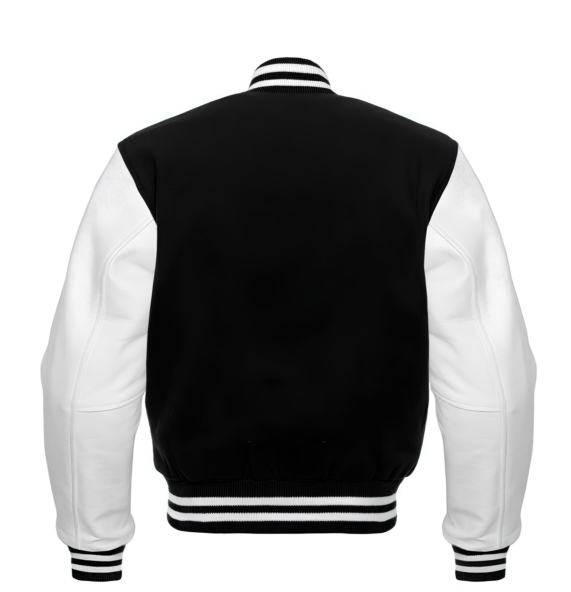 Black and white varsity jacket on a white background
