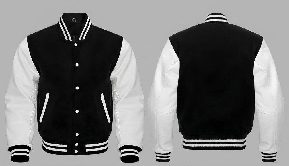 Black and white varsity jacket shown from front and back on a gray background