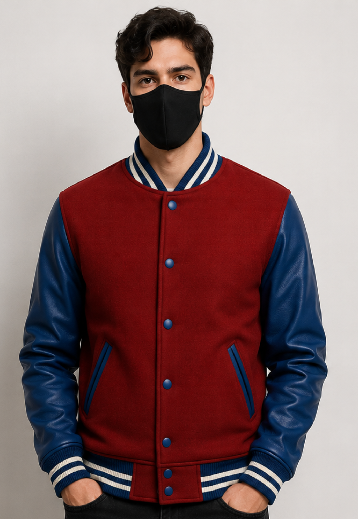 Person wearing a red and blue varsity jacket with leather sleeves on a plain background