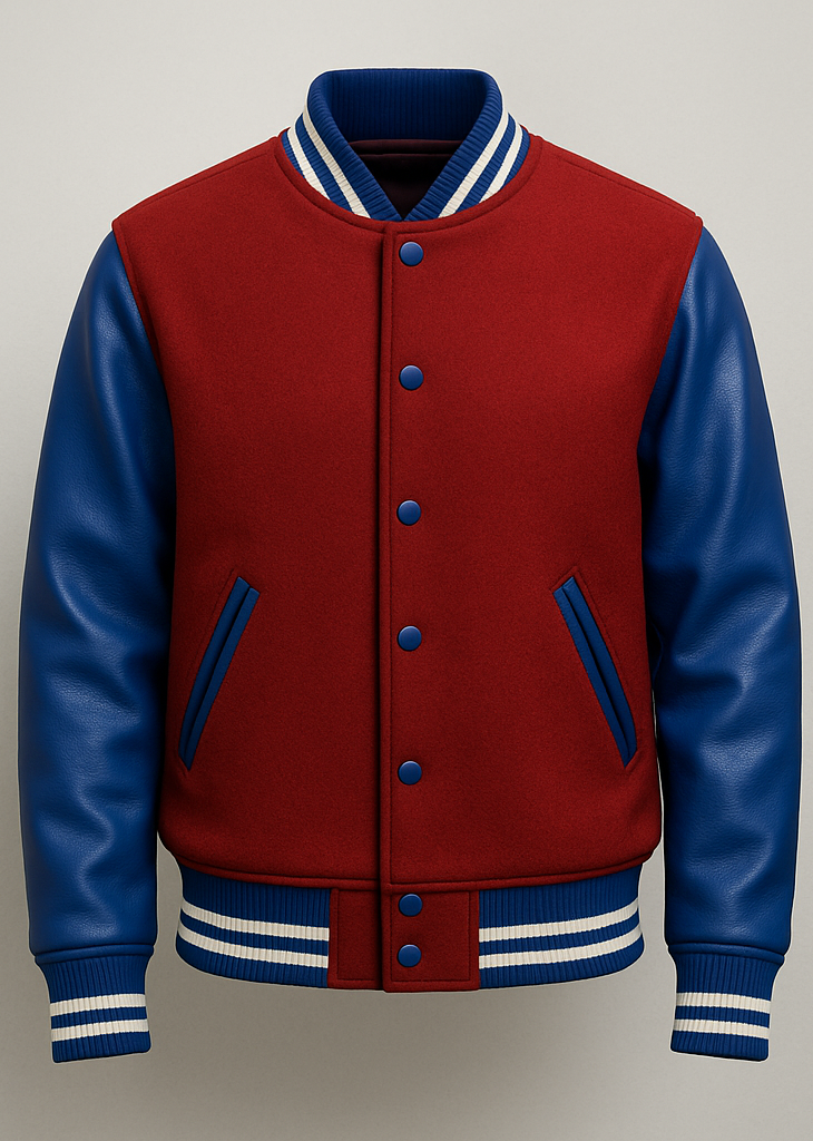 Red and blue varsity jacket with button details on a gray background