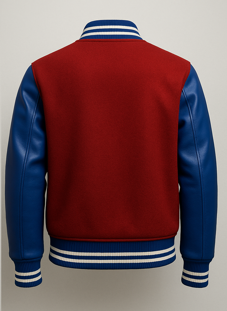 Red and blue varsity jacket with white stripes on a gray background