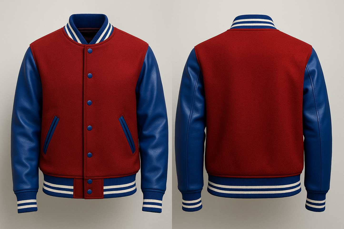 Red and blue varsity jacket with leather sleeves on a light gray background