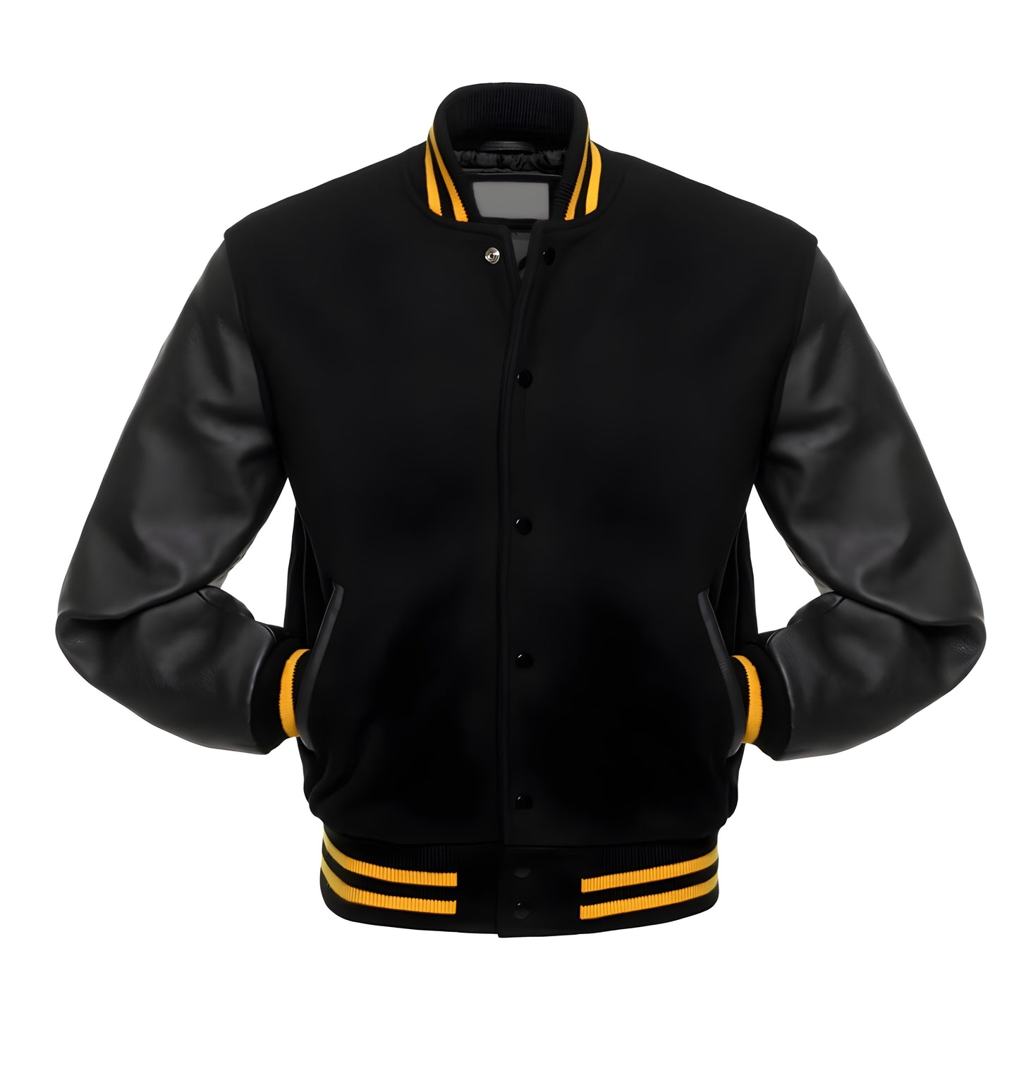 Black varsity jacket with yellow accents on a white background
