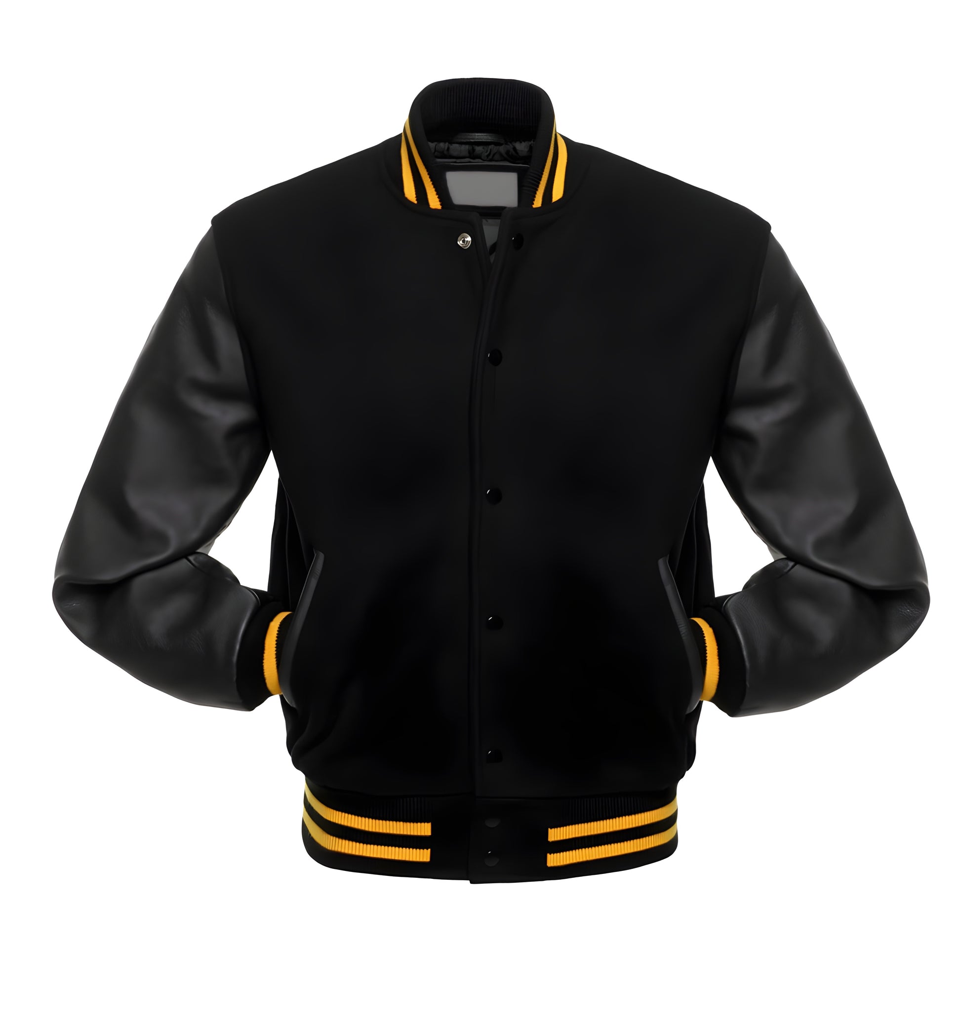 Black varsity jacket with yellow accents on a white background
