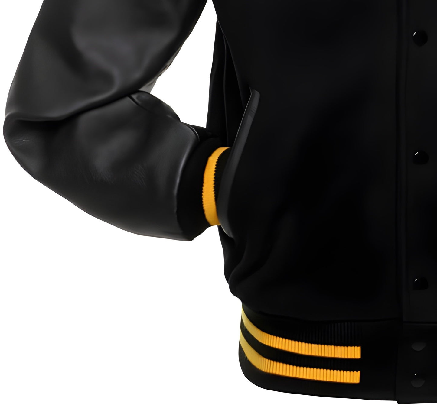 Black letterman jacket with yellow stripes on cuffs and waistband against a white background